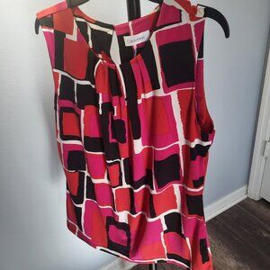 Calvin Klein Pink/Red/Black Geometric Print Pleated Neckline W/ Keyhole Back